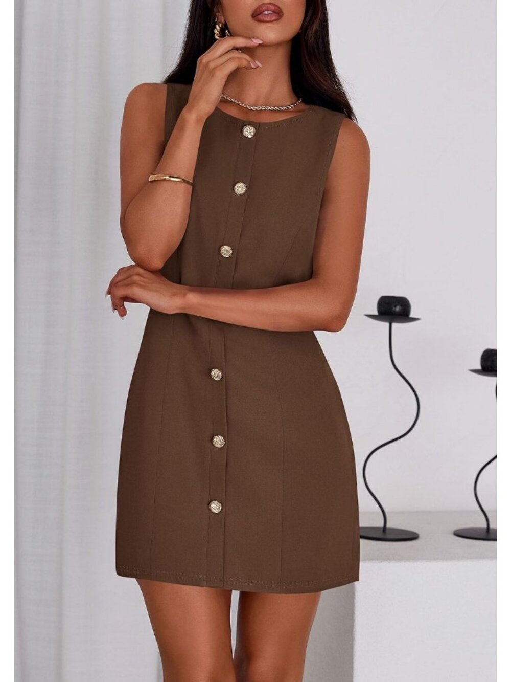 Pretty Garden Women's Brown Formal Sleeveless Button Down Elegant Mini Dress - Picture 6 of 6